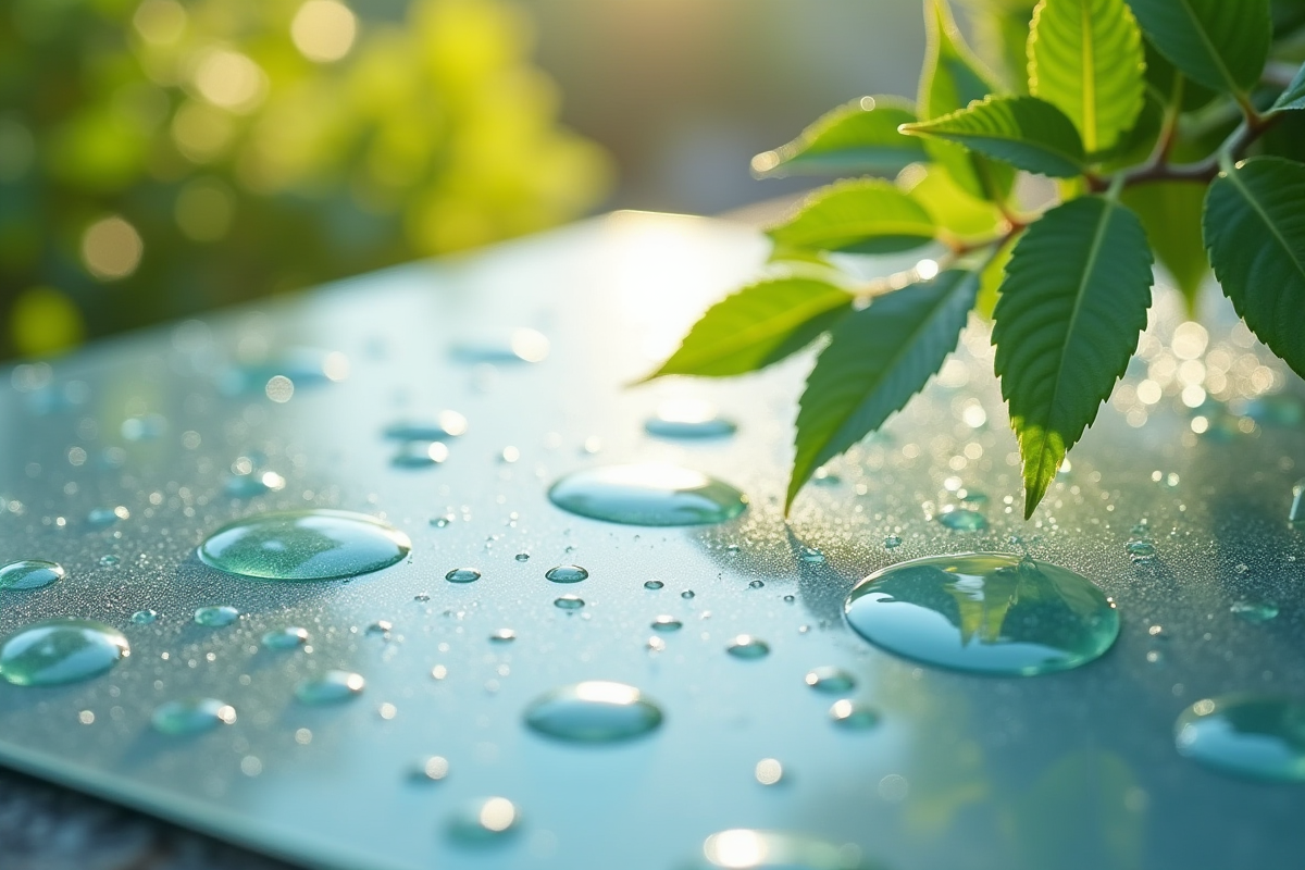 Gros plan sur une plaque en polycarbonate claire avec gouttes d'eau
