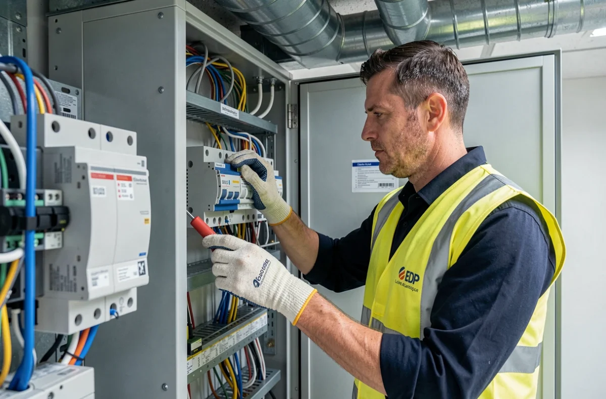 Électricien-technicien EDP travaillant sur une installation combinée électricité et climatisation dans un local commercial en Loire-Atlantique