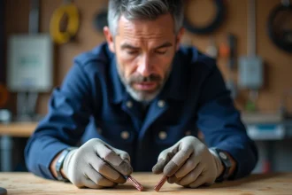 Électricien comparant un câble 1,5 mm² et un câble 2,5 mm² sur un établi d'atelier électrique résidentiel