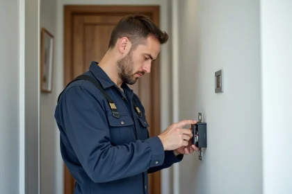Électricien vérifiant un tableau GTL dans un appartement moderne