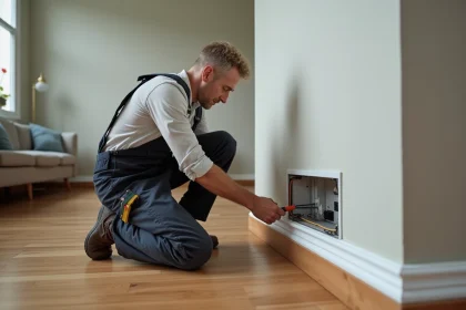 Électricien homme en travaux posant un conduit électrique dans un salon