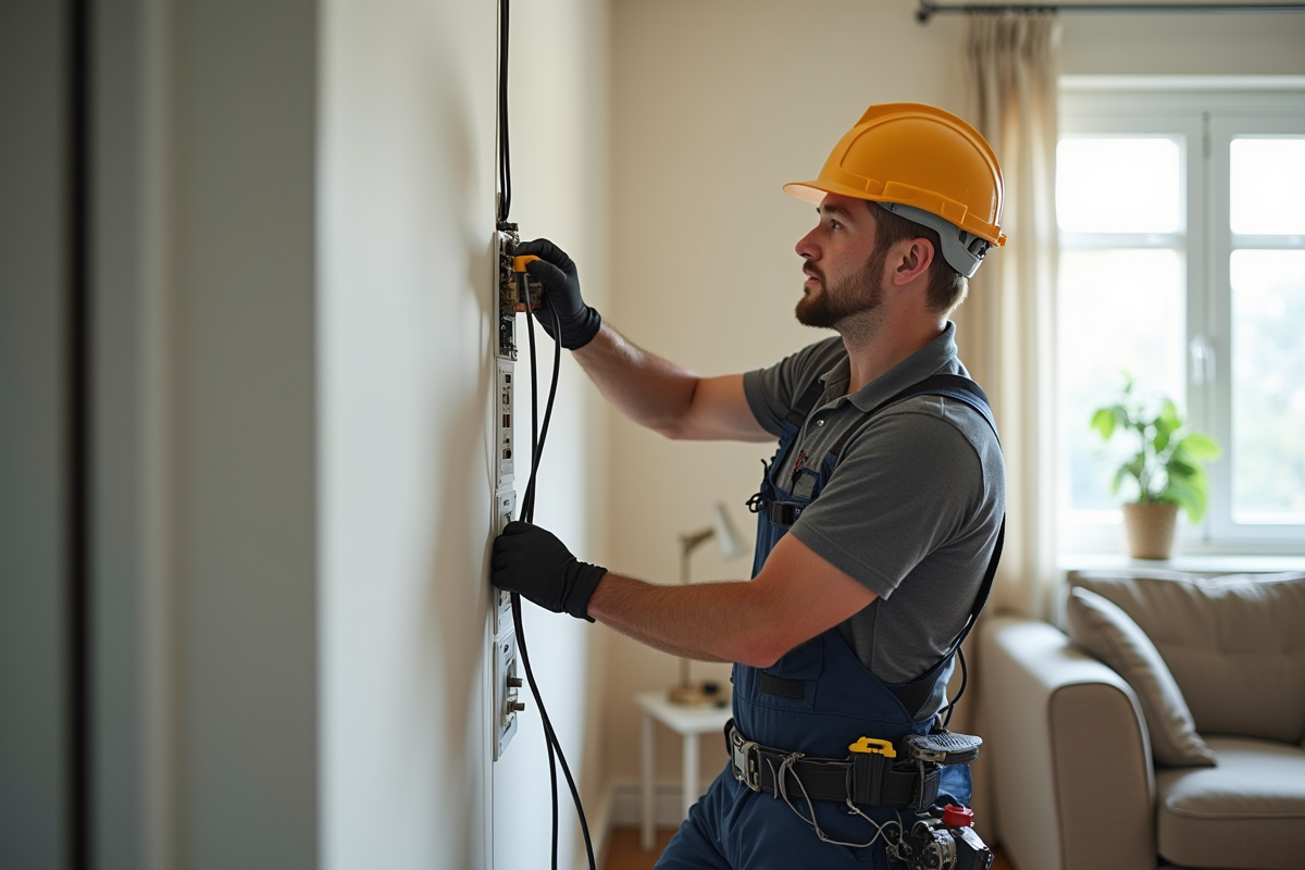 Électricien professionnel rénovant le câblage électrique dans un salon moderne