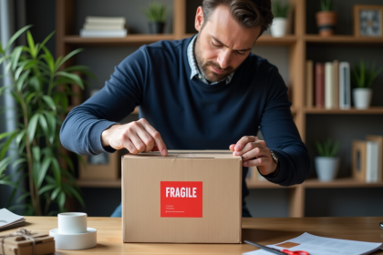Homme appliquant un sticker fragile sur un carton dans un bureau