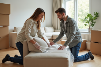 Femme et jeune homme emballant un canapé beige dans un salon lumineux