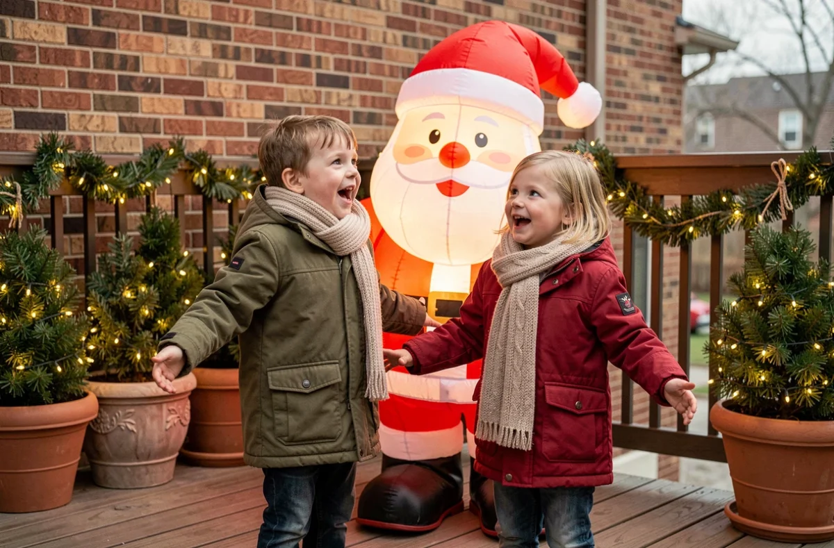 Enfants émerveillés devant une décoration gonflable de père Noël sur une terrasse extérieure illuminée