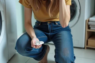 Femme appliquant un glaçon sur une tache de chewing gum collé sur un jean en denim indigo dans une buanderie moderne