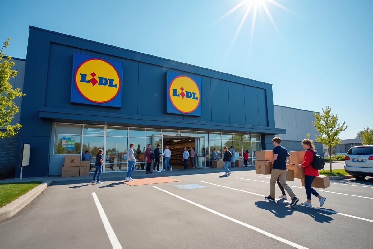 Entrée du magasin Lidl avec clients et cartons gratuits