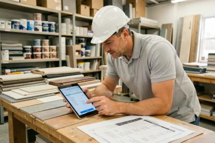 Entrepreneur en rénovation consultant un devis travaux en ligne sur tablette avec des échantillons de matériaux sur un établi
