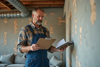 Hommes en travaux examinant un mur intérieur en rénovation