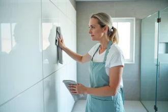 Femme entretenant une dalle murale PVC blanche dans une salle de bain moderne avec un chiffon microfibre