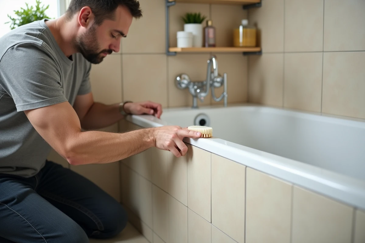 Homme nettoyant le joint entre une dalle murale PVC beige et une baignoire avec une brosse douce