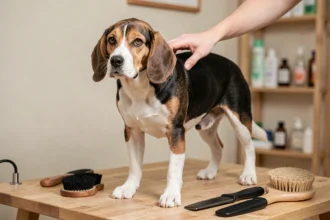 Entretien du pelage d'un Briquet Beagle sur une table de toilettage avec des brosses naturelles