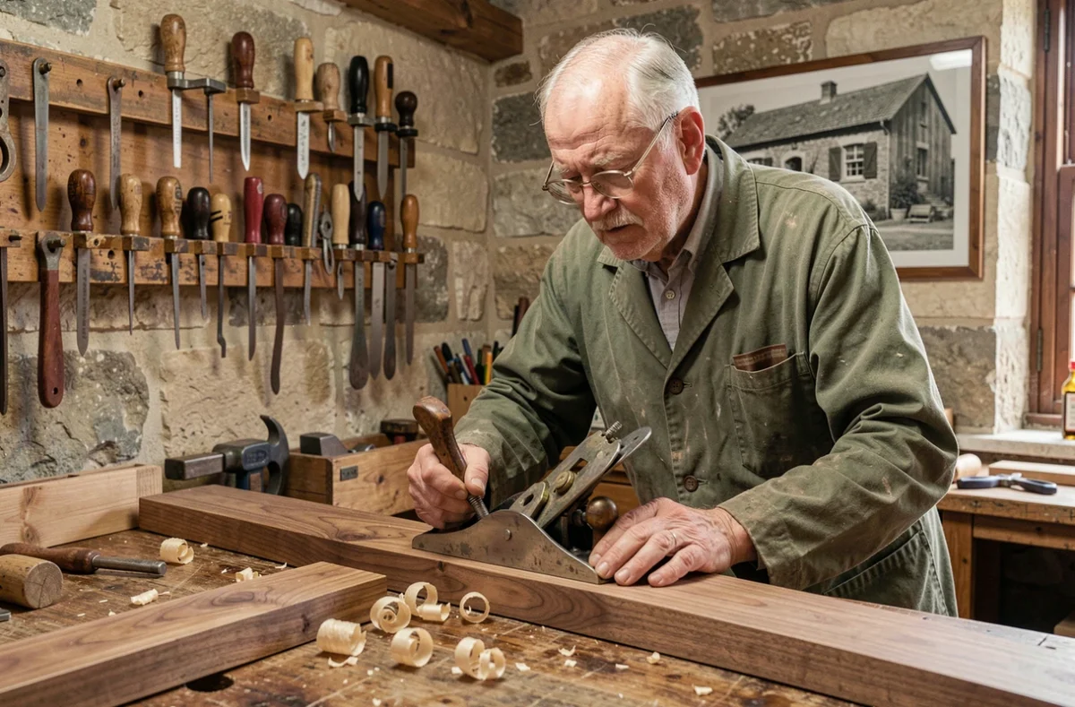 Maître menuisier Ernest Jantzi rabot à la main travaillant un cadre en noyer dans son atelier familial