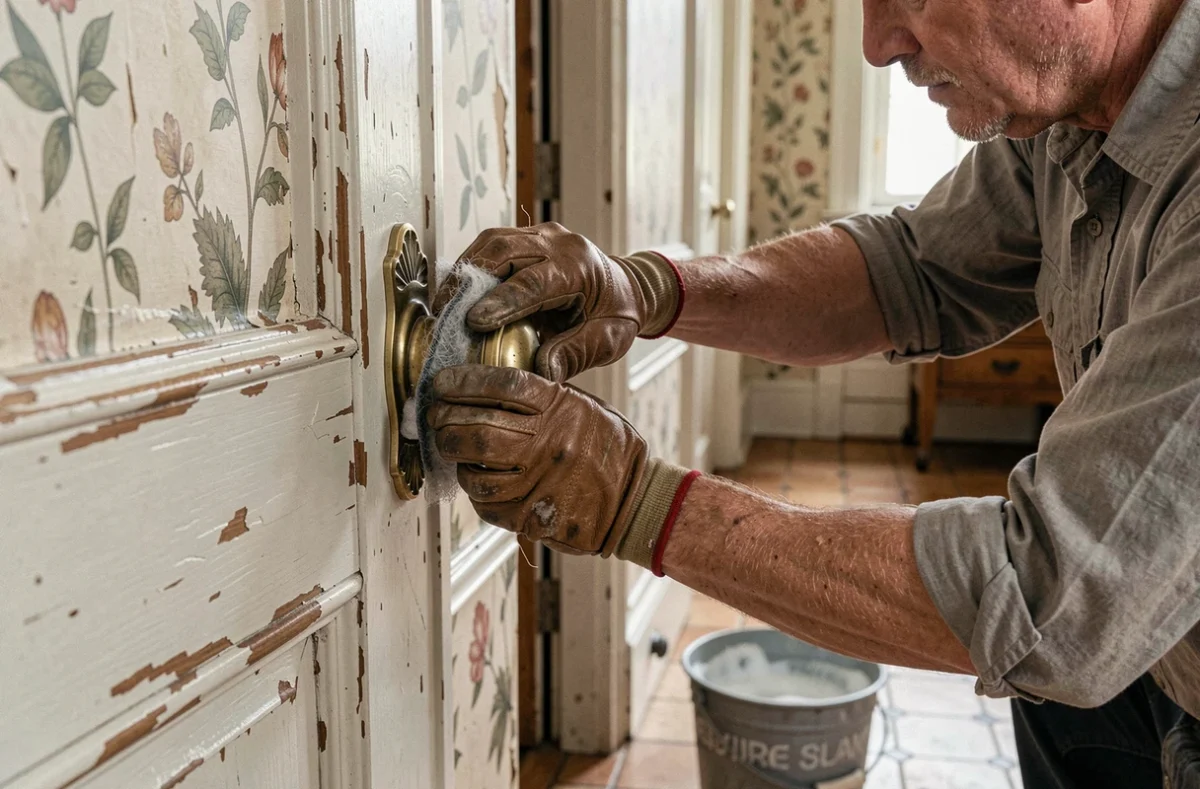 Homme frottant une poignée de porte en laiton avec de la laine d'acier, causant des rayures visibles sur le métal