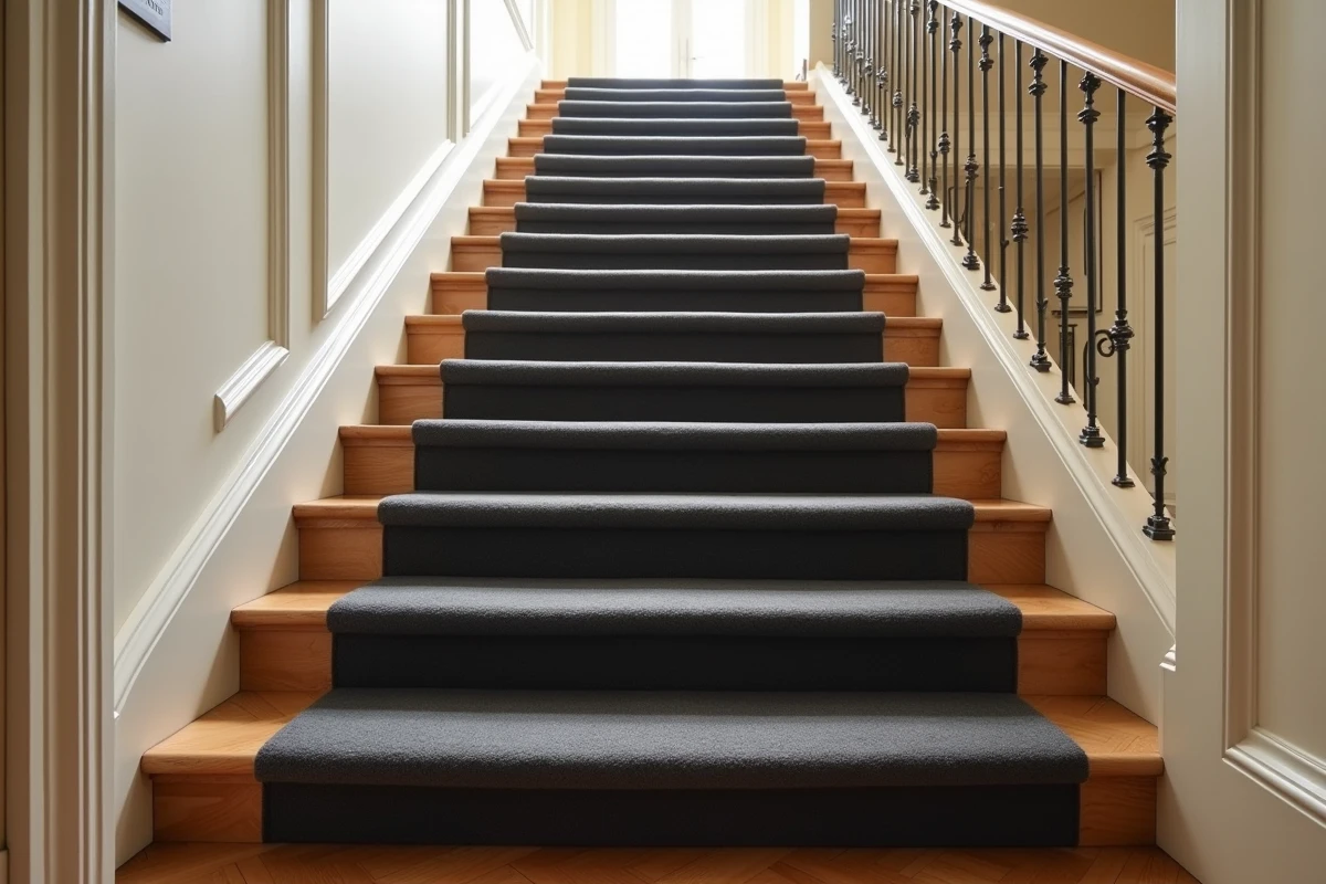 Escalier en parquet style haussmannien avec moquettes grises sur chaque marche et rampe en fer forgé