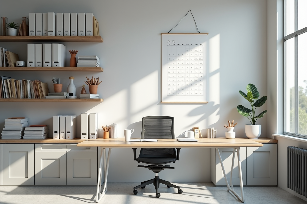 Espace de travail minimaliste avec étagères et calendrier
