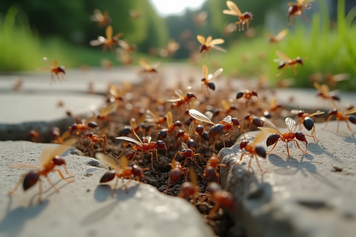 Essaimage de fourmis ailées sortant d'une fissure dans une allée en pierre de jardin, illustrant la différence avec les termites volantes