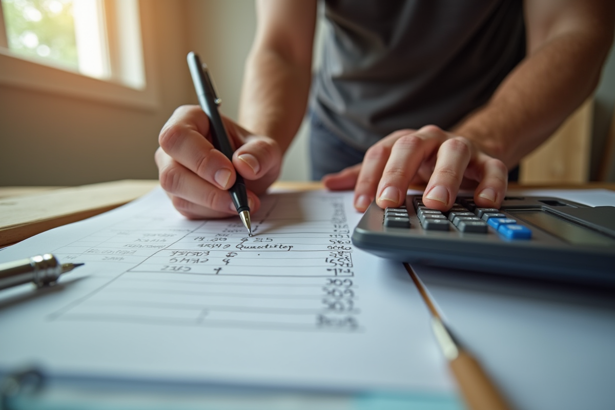 Main utilisant calculatrice et carnet pour estimer coûts de rénovation