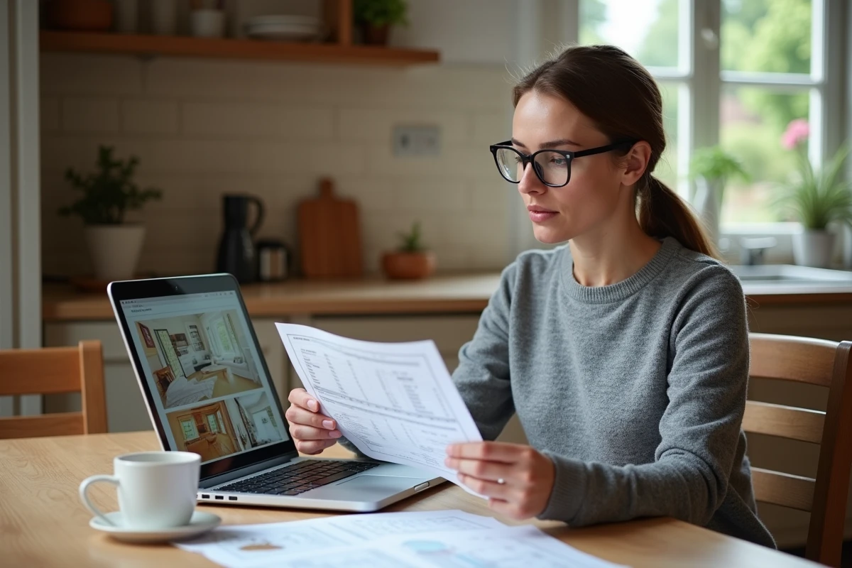 Femme consultant une estimation de rénovation énergétique sur ordinateur à domicile