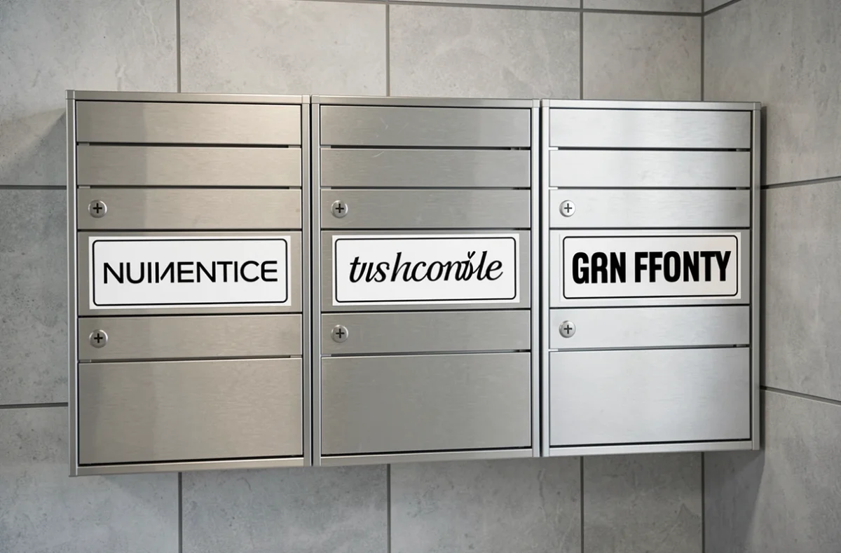 Rangée de boites aux lettres d'appartement avec étiquettes imprimées personnalisées en différents styles typographiques sobres