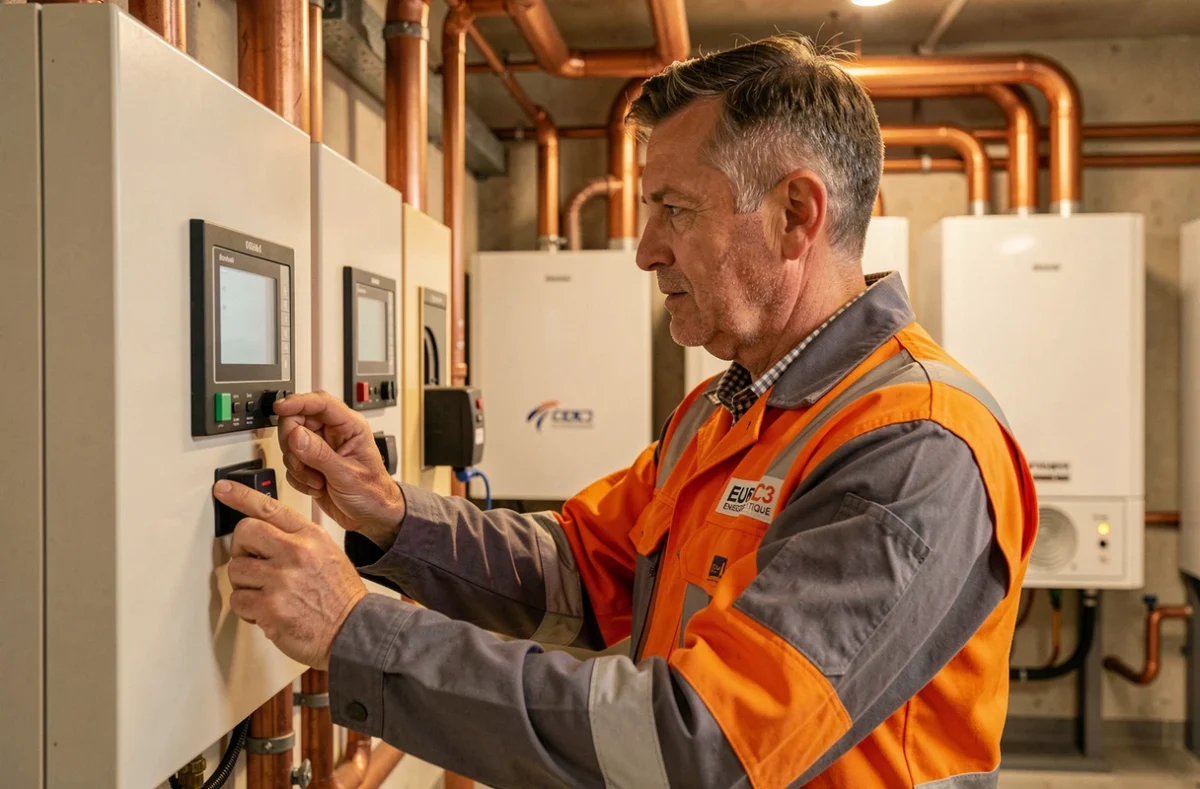 Technicien CEC3 Energétique réglant un système combiné chauffage et climatisation dans une salle technique commerciale