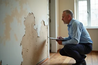 Expert en bâtiment inspectant des dégâts des eaux sur un mur avec peinture décollée dans un appartement