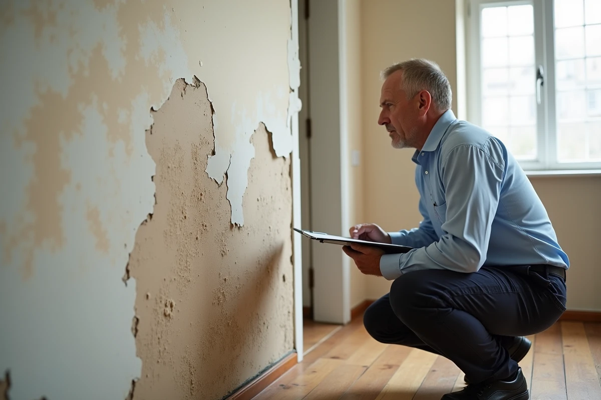Expert en bâtiment inspectant des dégâts des eaux sur un mur avec peinture décollée dans un appartement