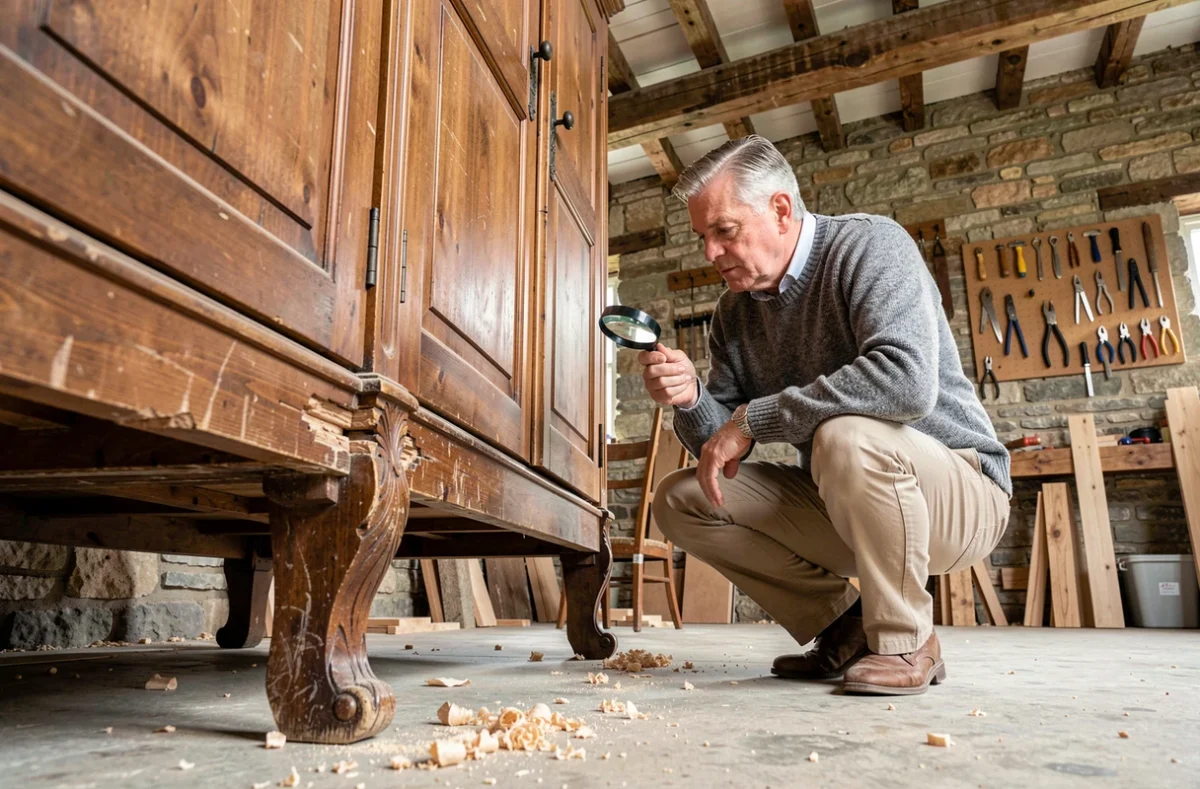 Artisan inspectant le dessous d'une armoire ancienne en bois dans un atelier de restauration en pierre