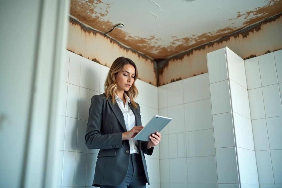 Experte en assurance évaluant les dégâts des eaux au plafond d'une salle de bain avec peinture écaillée