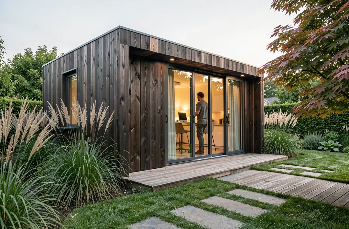 Extérieur d'un studio de jardin Greenkub en bois sombre sur terrasse en bois avec homme travaillant à l'intérieur visible à travers les baies vitrées