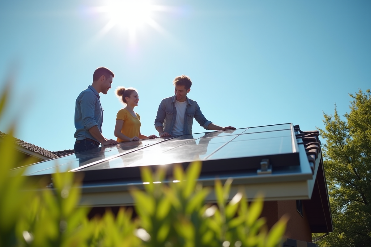 Famille moderne installant des panneaux solaires sur le toit
