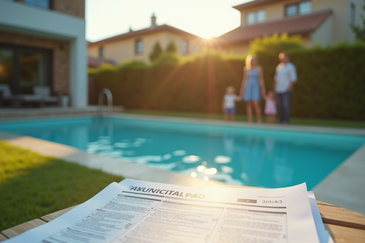 Famille dans leur jardin près d'une piscine moderne et étincelante