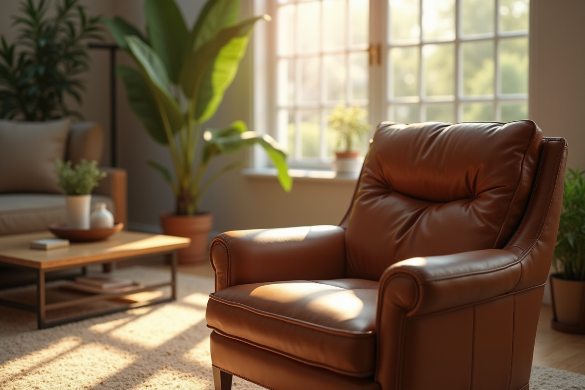 Zoom sur un fauteuil en cuir dans un salon lumineux et accueillant