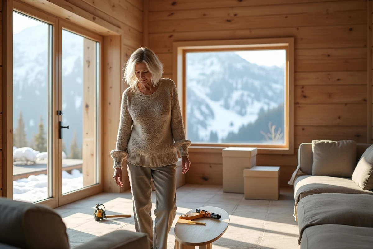 Femme am&eacute;nageant un chalet avec mobilier moderne