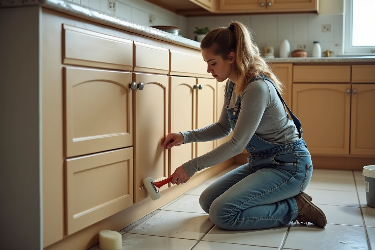 Femme appliquant un apprêt préparateur sur meuble de cuisine peint en glycéro sans poncer