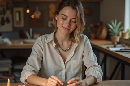 Jeune femme examine un bijou en argent avec sourire naturel