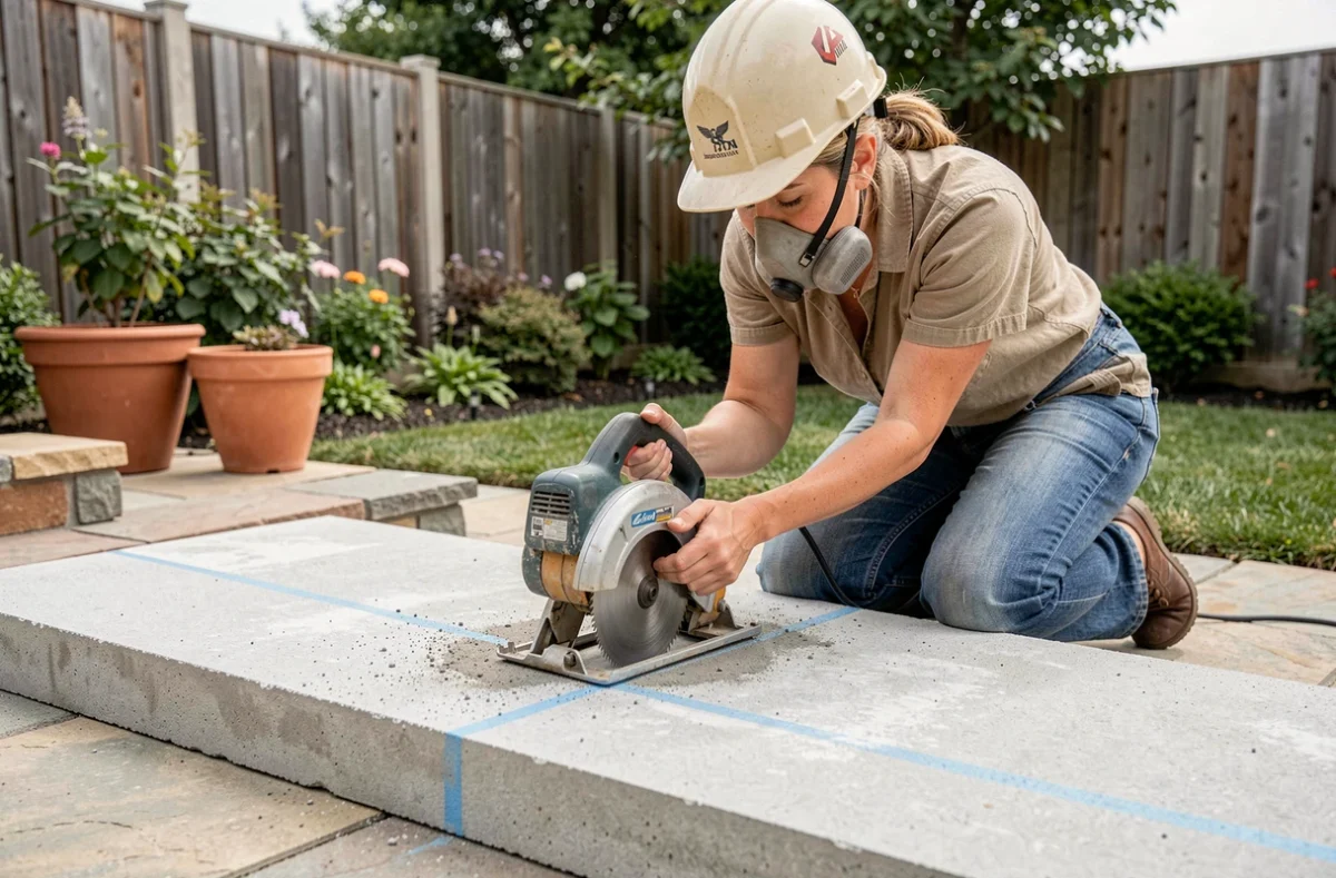 Femme bricolant la découpe d'une dalle béton en ligne droite avec une scie circulaire à disque diamant dans un jardin résidentiel