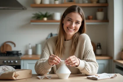 Femme souriante emballant un vase décoratif dans la cuisine