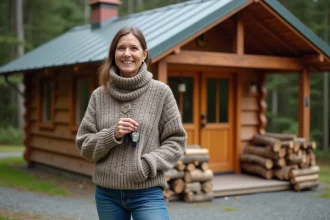 Femme souriante devant un chalet en bois dans la nature
