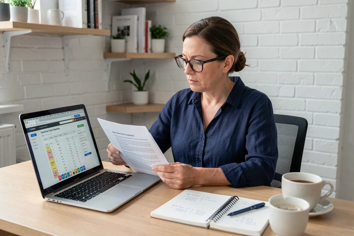 Femme à son bureau comparant des devis matériaux de construction en ligne pour des travaux de rénovation