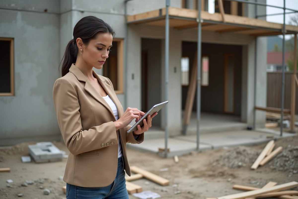 Femme consultant un comparatif de devis travaux sur tablette devant un chantier de rénovation