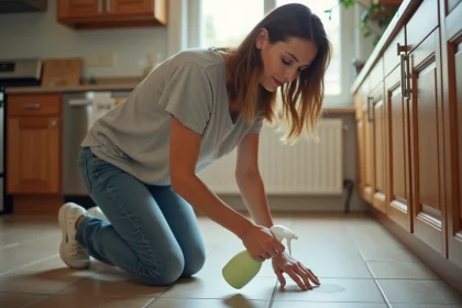 Femme appliquant un spray insecticide dans la cuisine moderne