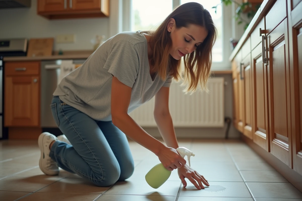 Femme appliquant un spray insecticide dans la cuisine moderne