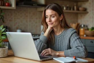 Femme faisant ses grosses courses en ligne sur un site de supermarché depuis sa cuisine moderne