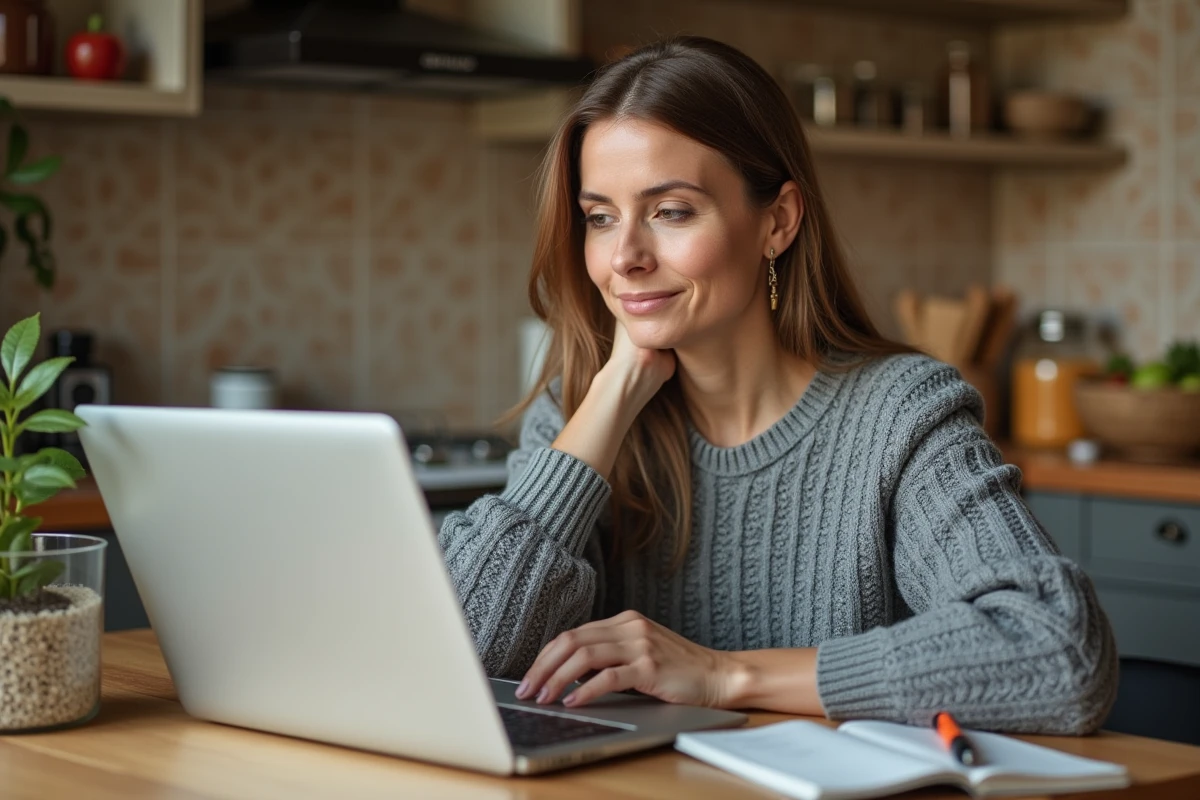 Femme faisant ses grosses courses en ligne sur un site de supermarché depuis sa cuisine moderne