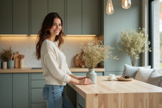 Femme souriante dans une cuisine moderne et chaleureuse