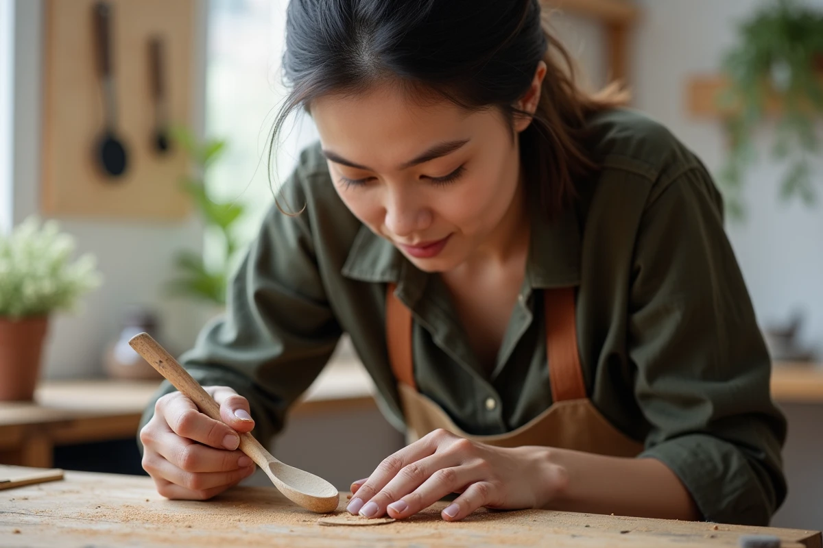 Jeune femme débutante en sculpture sur bois utilisant une gouge sweep pour sculpter une ébauche de cuillère en bois