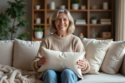 Femme arrangeant des coussins d&eacute;coratifs dans un salon cosy