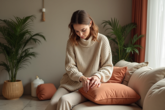 Femme arrangeant des coussins dans un salon tendance 2025