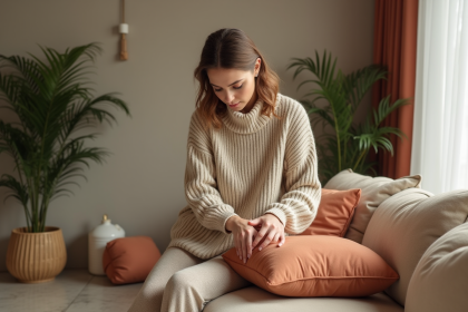 Femme arrangeant des coussins dans un salon tendance 2025